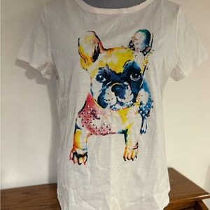 For The Republic white embellished Colorful Frenchie Dog Print T-Shirt Sz Small
